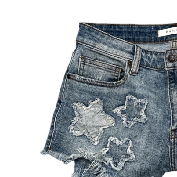 EUC Eunina High Rise Cut Off Shortie Raw Hem Fringed Stars Patches Micro Mini - Picture 3 of 7